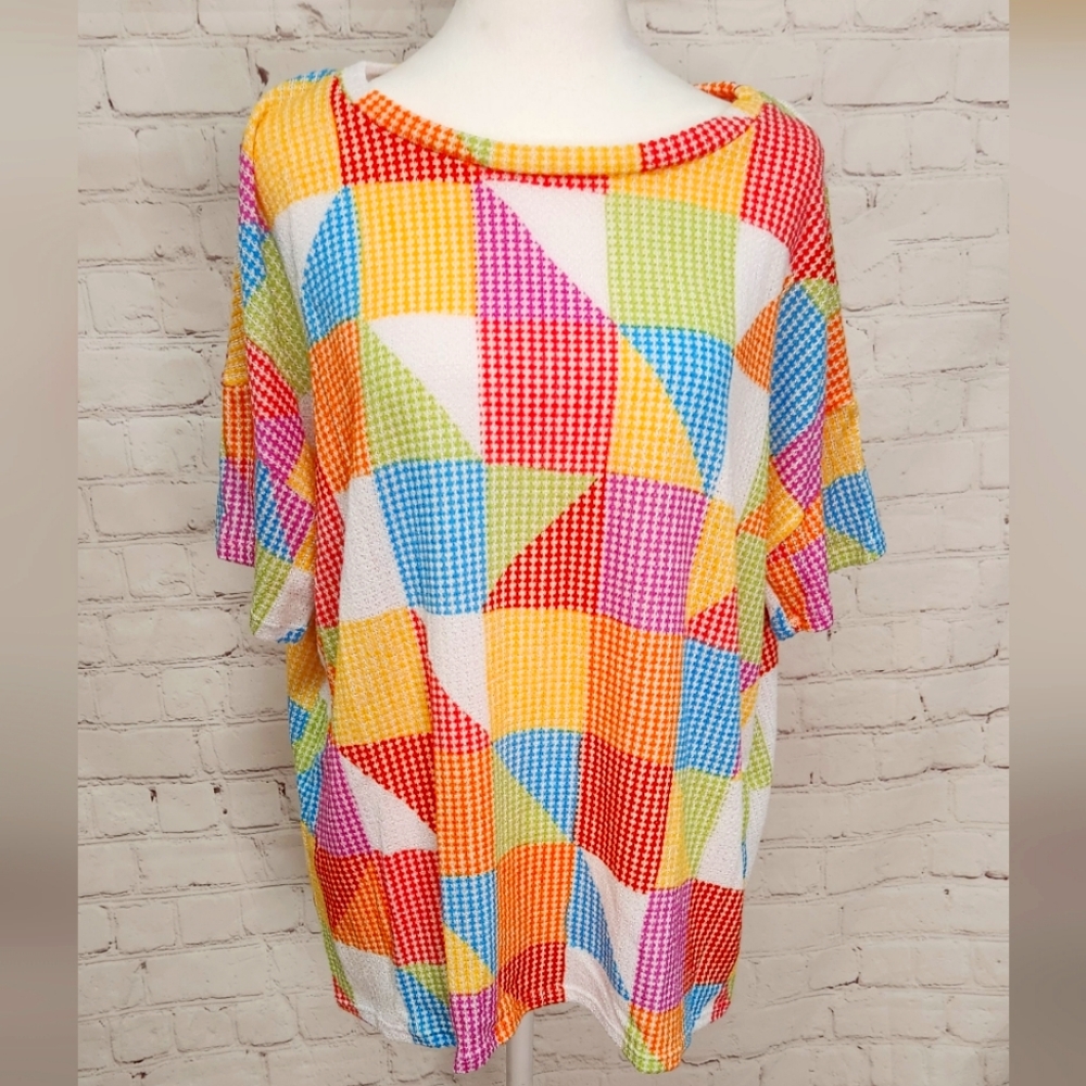 Boutique Colorful Geometric Patterned Textured Knit Top